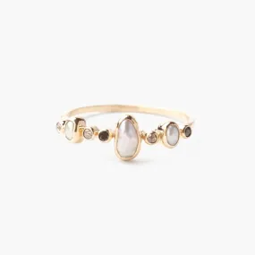 14k Ring with Freshwater Pearls, Tiny Grey & Black Diamonds