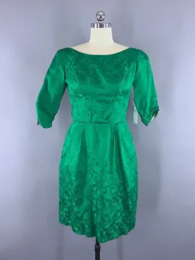 1950s Vintage Emerald Green Satin Damask Cocktail Dress