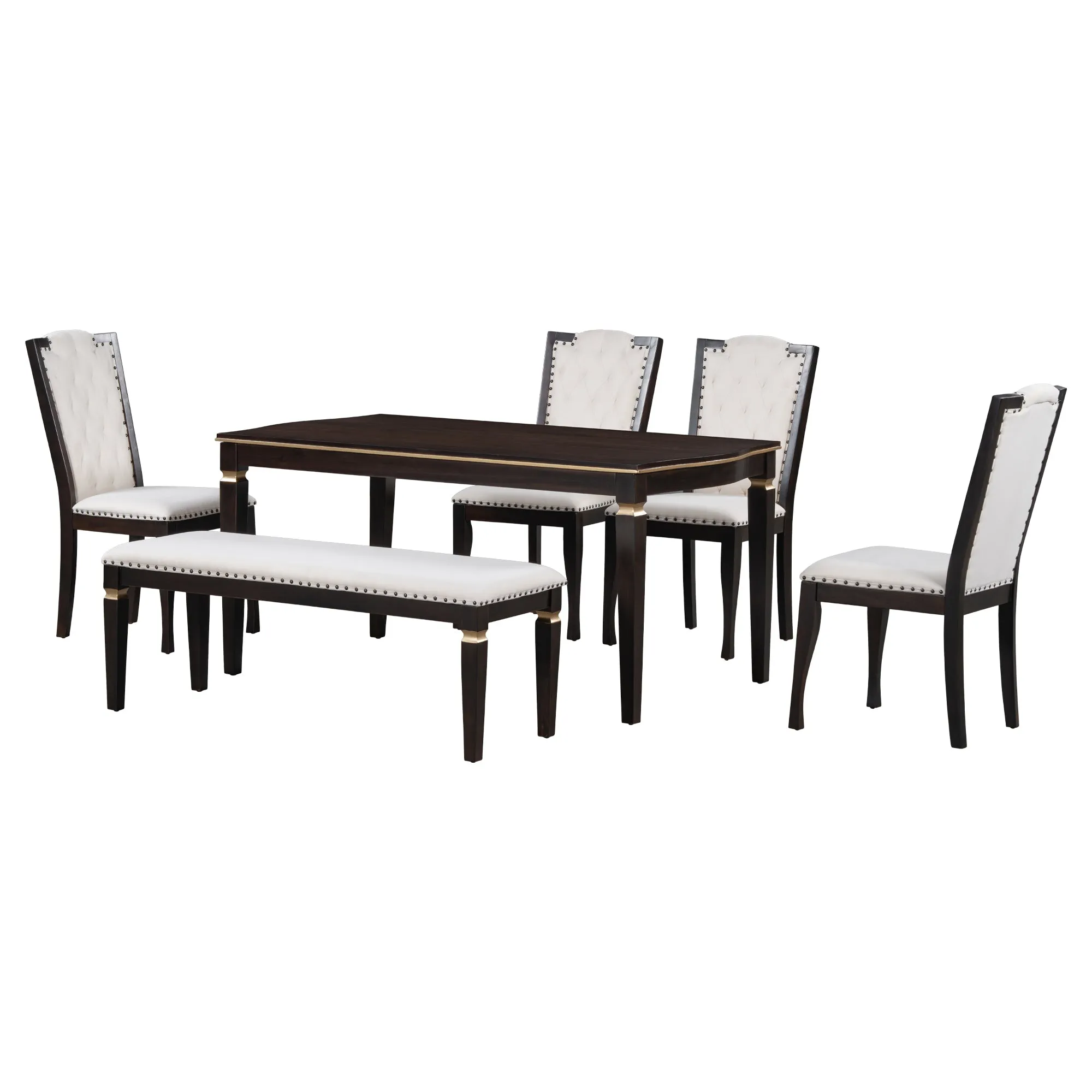 6-Piece Kitchen Dining Table Set, 62.7" Rectangular Table and 4 High-Back Tufted Chairs & 1 Bench for Dining Room and Kitchen (Espresso)