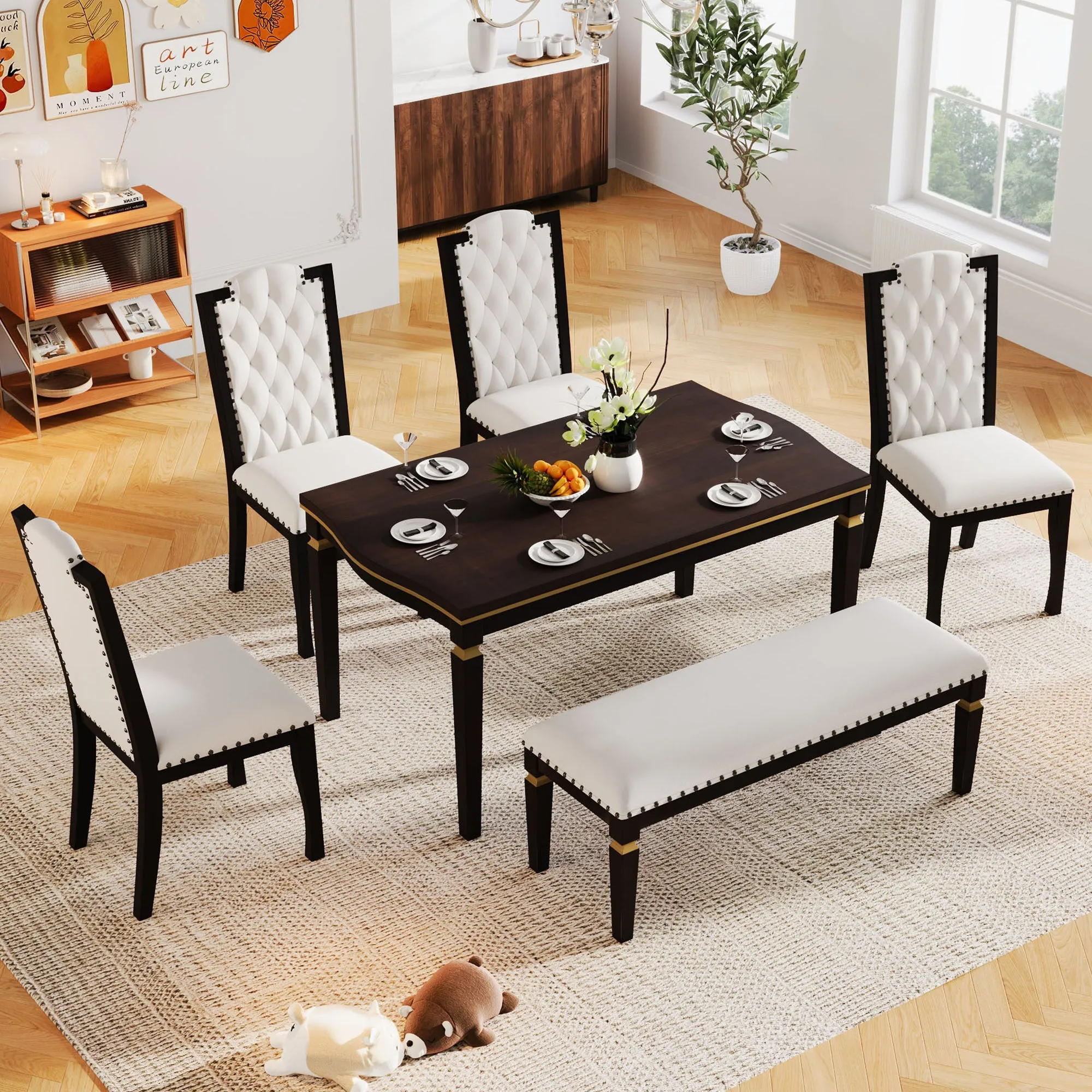 6-Piece Kitchen Dining Table Set, 62.7" Rectangular Table and 4 High-Back Tufted Chairs & 1 Bench for Dining Room and Kitchen (Espresso)