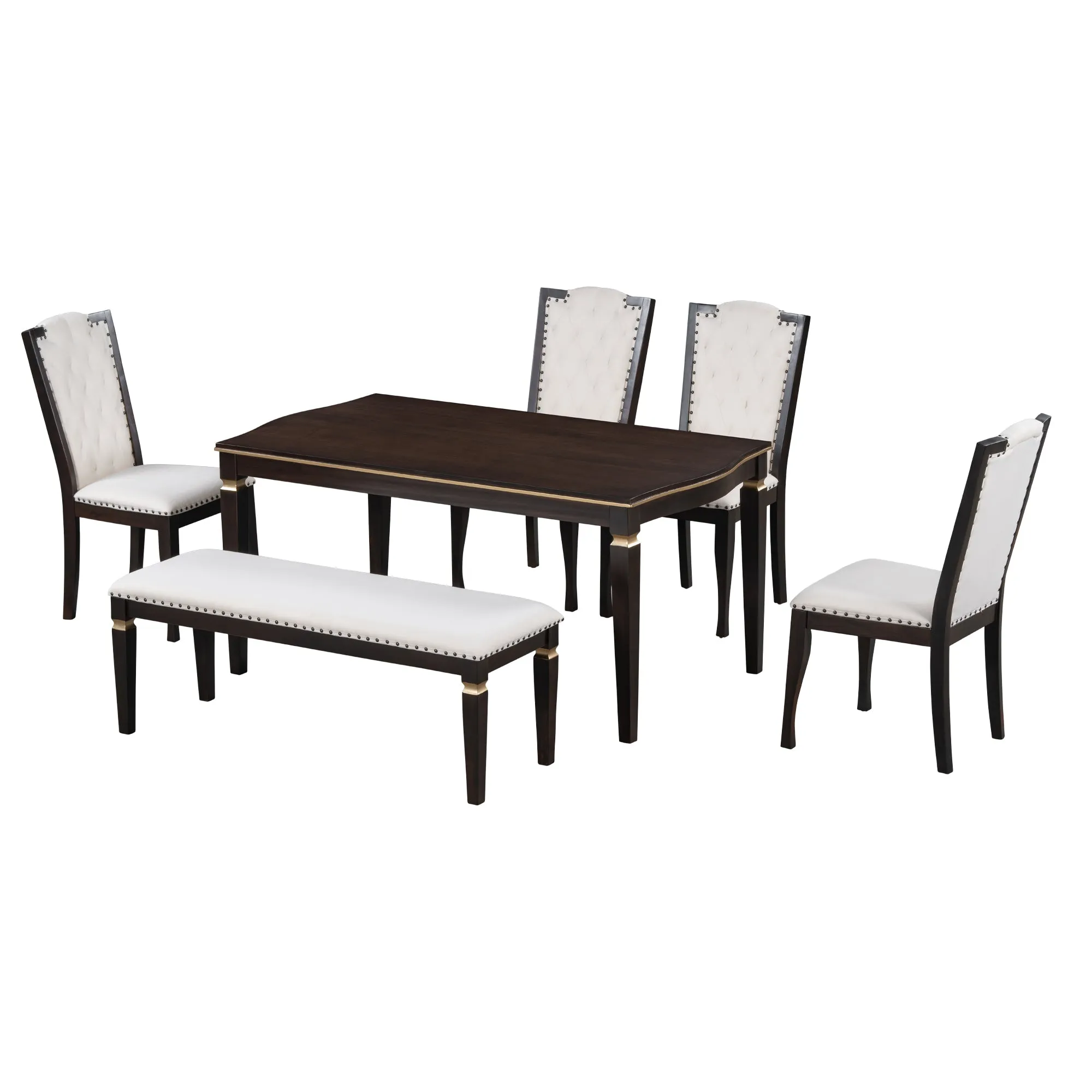 6-Piece Kitchen Dining Table Set, 62.7" Rectangular Table and 4 High-Back Tufted Chairs & 1 Bench for Dining Room and Kitchen (Espresso)