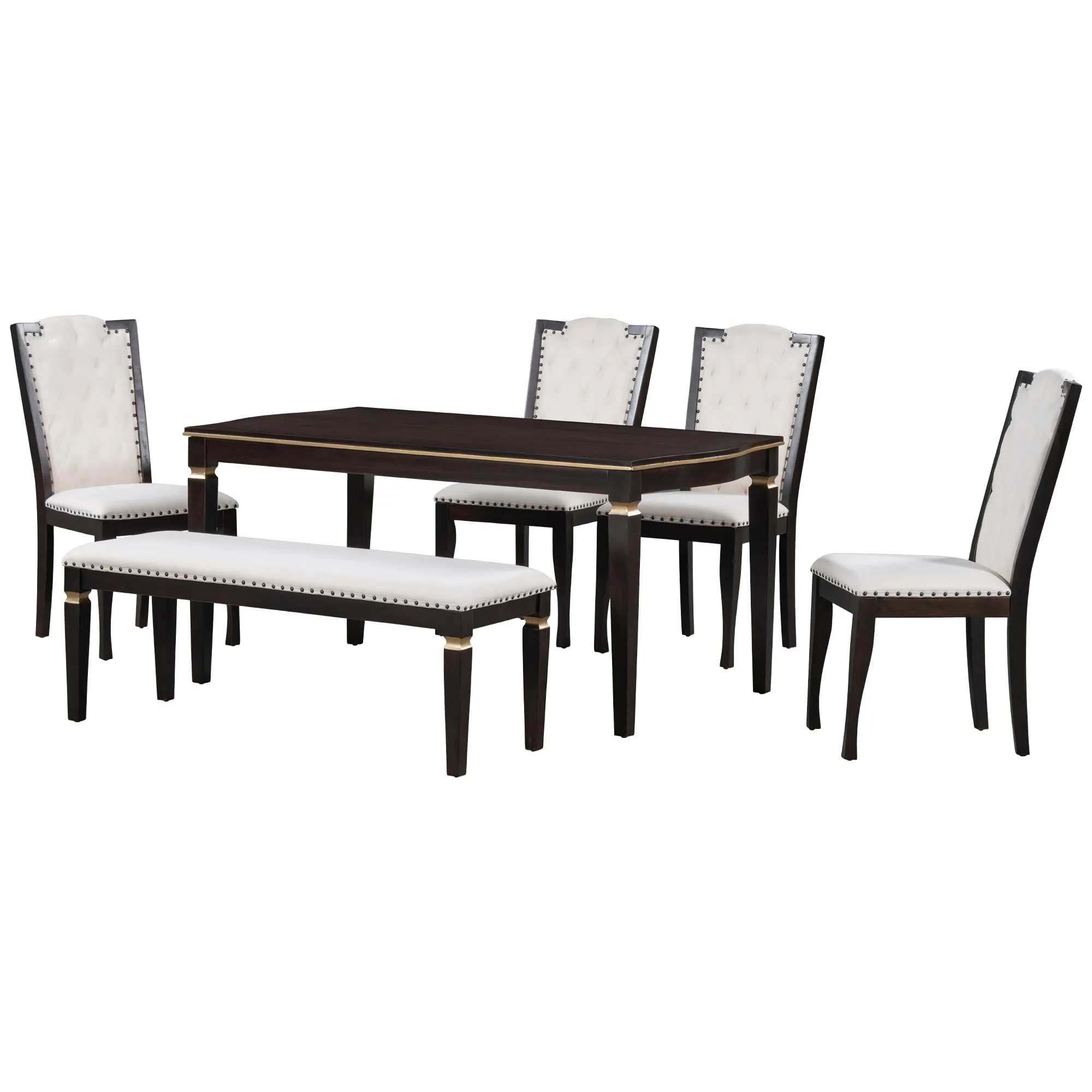 6-Piece Kitchen Dining Table Set, 62.7" Rectangular Table and 4 High-Back Tufted Chairs & 1 Bench for Dining Room and Kitchen (Espresso)