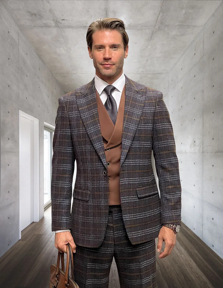 AMALFI 3 PC BROWN PLAID MODERN FIT SUIT