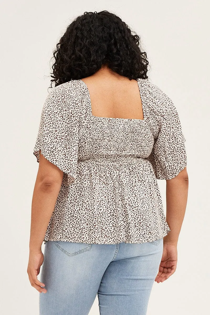 Animal Print Wing Sleeve Ruched Peplum Top