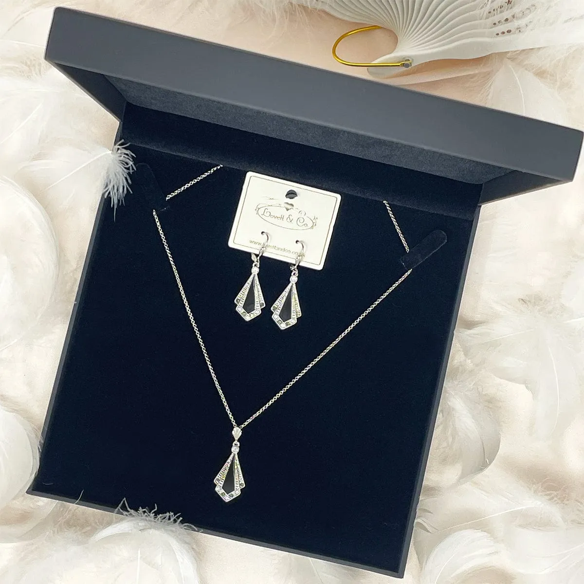 Art Deco Black Dangle Earrings and Necklace Gift Set - £10 Gift Box is FREE