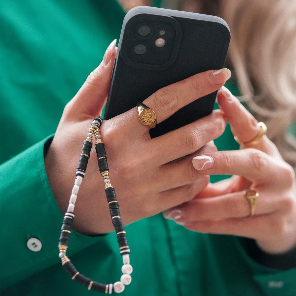 Beaded Phone Strap - Black & Gold Love