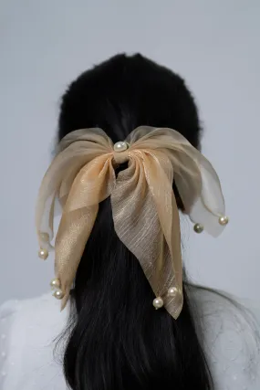 Brown Sheer Organza Bow Hairband with Pearl Accents