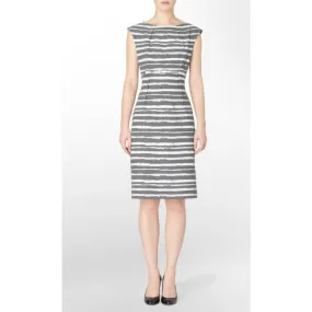 Calvin Klein Pleated & Belted Striped Sheath Dress in gray and white