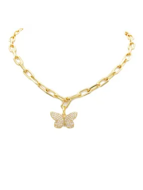 Chain Link Butterfly Pendant Necklace - Gold