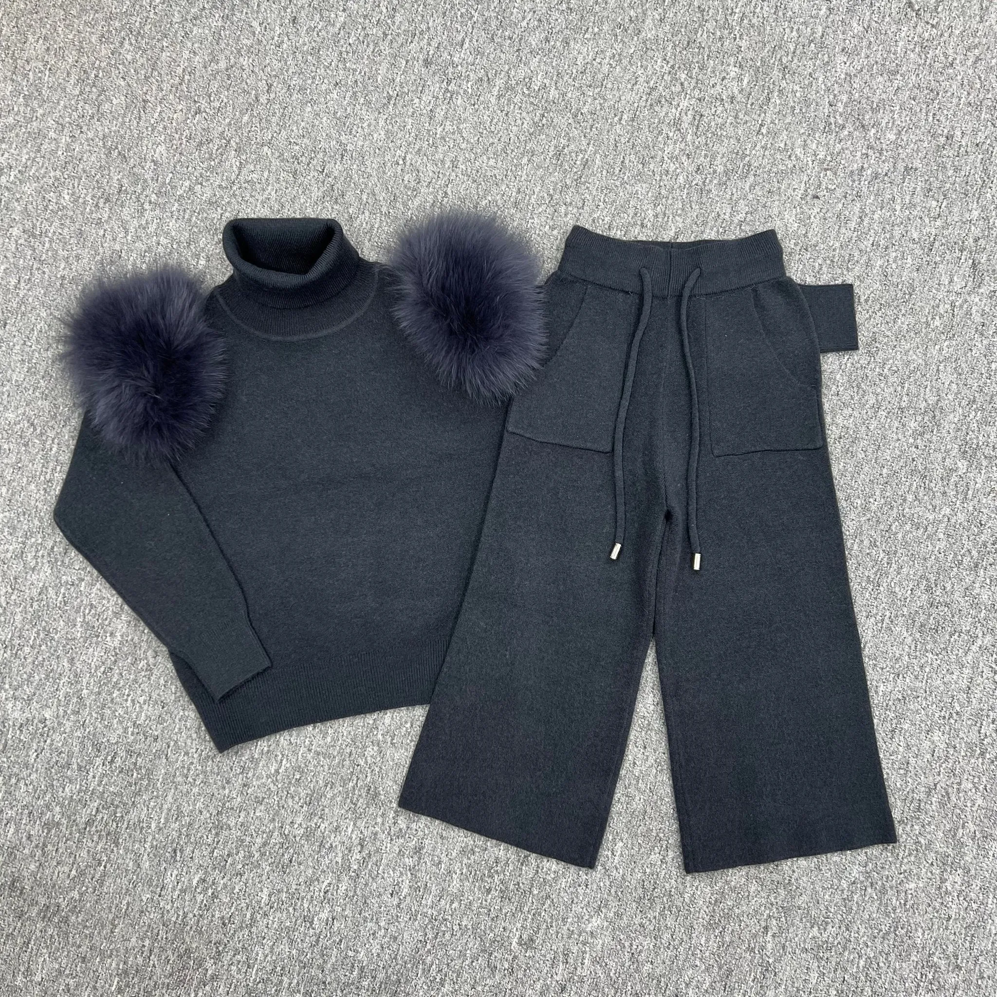 Childrens Charcoal Luxury Fur Roll Neck Wide Leg Tracksuit