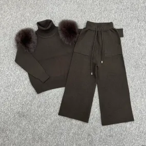 Childrens Chocolate Luxury Fur Roll Neck Wide Leg Tracksuit