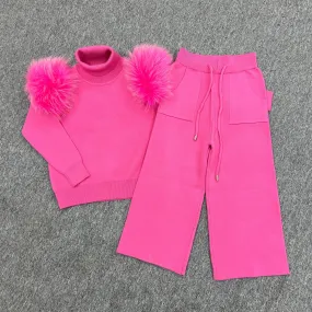 Childrens Hot Pink Luxury Fur Roll Neck Wide Leg Tracksuit