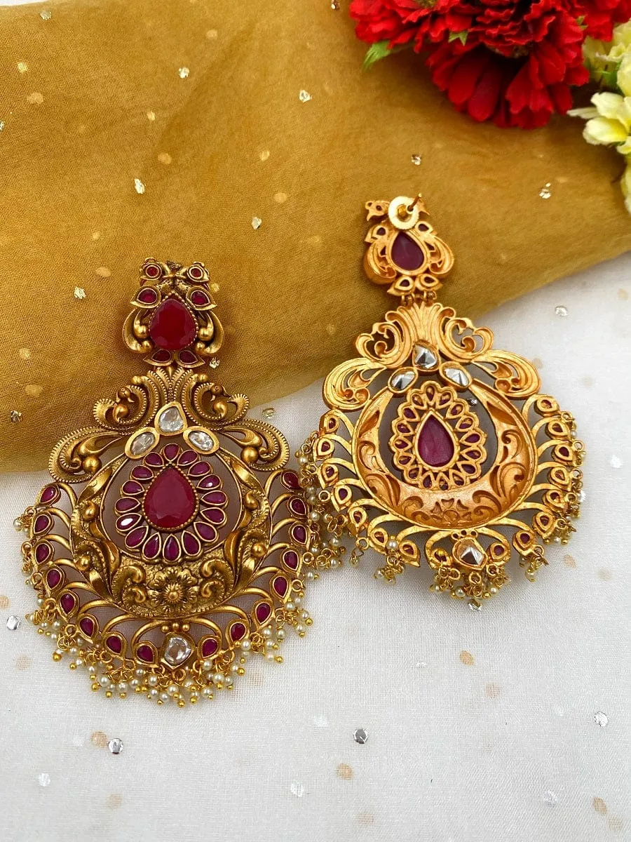 Designer Antique Golden Ruby Stone Studded Long Traditional Earrings For Ladies