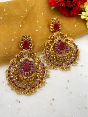 Designer Antique Golden Ruby Stone Studded Long Traditional Earrings For Ladies