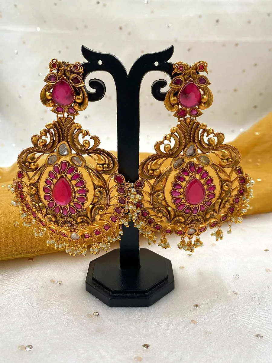 Designer Antique Golden Ruby Stone Studded Long Traditional Earrings For Ladies