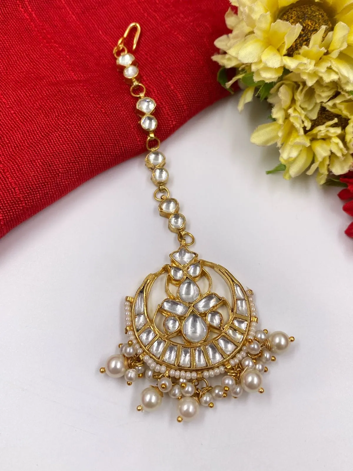 Designer Gold Plated Jadau Kundan And Pearl Maang Tikka For Ladies By Gehna Shop