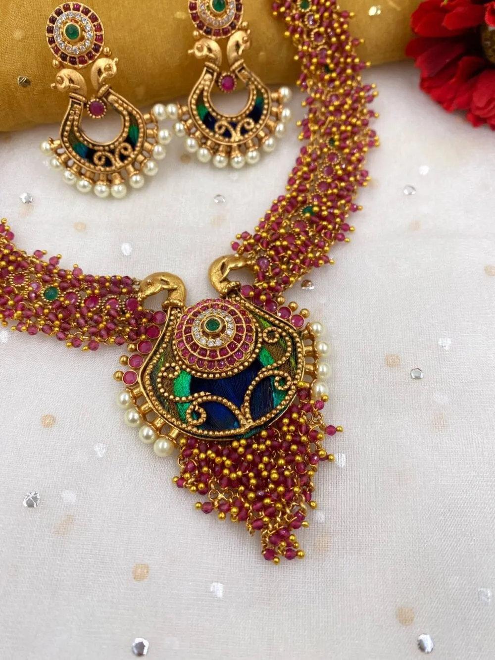 Designer Gold Plated Peacock Design Temple Necklace Set For Women By Gehna Shop