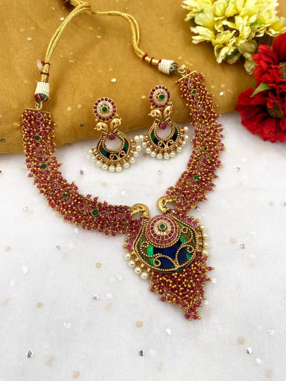 Designer Gold Plated Peacock Design Temple Necklace Set For Women By Gehna Shop