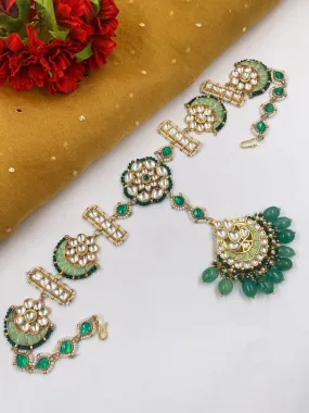 Gold Plated Jadau Green Sheeshphool With Maang Tikka For Weddings By Gehna Shop