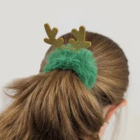 Green Faux Fur Hairband with Sparkly Reindeer Antlers