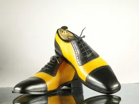 Handmade Men's Black Yellow Leather Cap Toe Lace Up Shoes, Men Designer Dress Formal Luxury Shoes