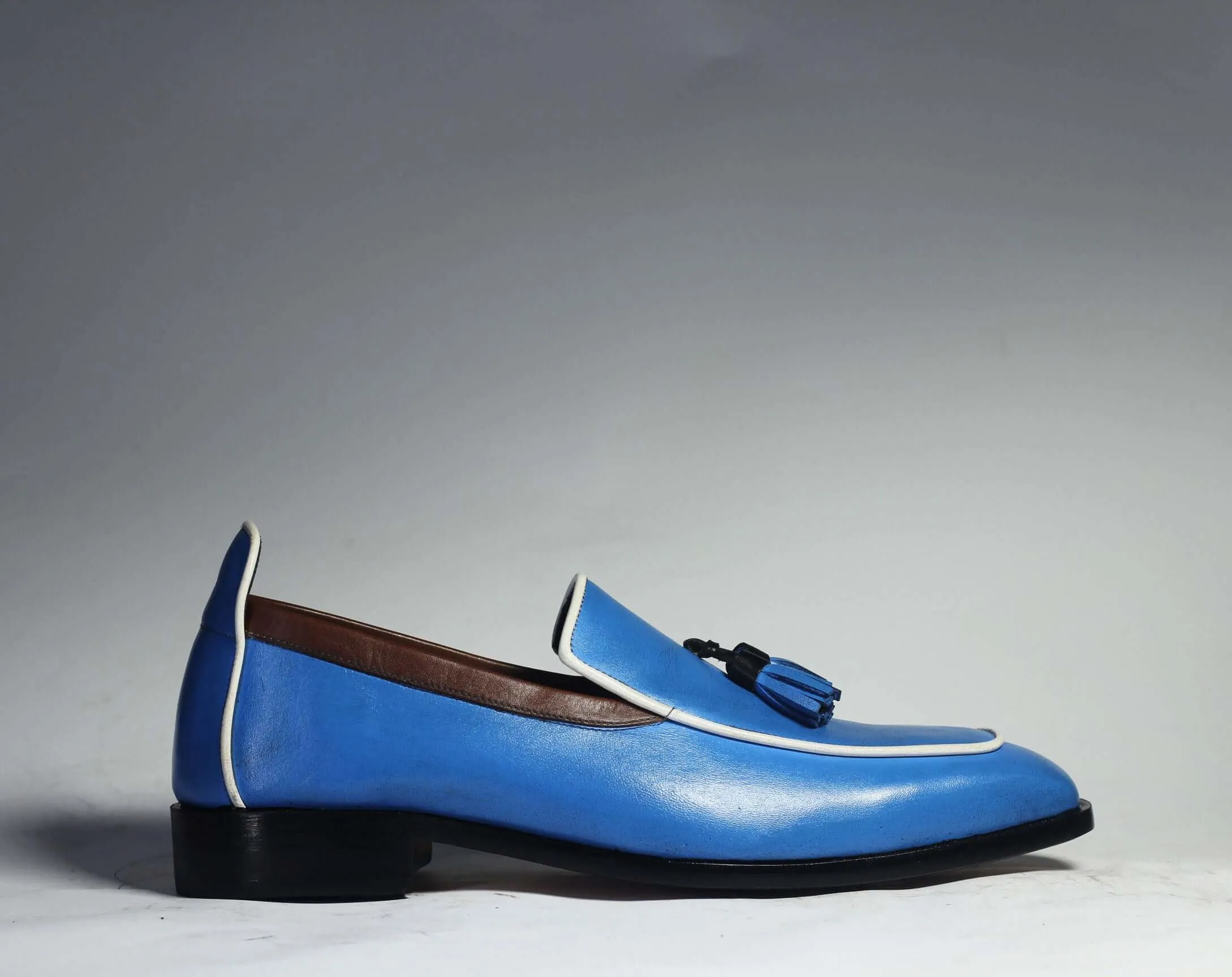 Handmade Men's Blue Leather Tassel Loafer Shoes, Men Designer Fashion Dress Shoe