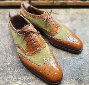 Handmade Men’s Leather Suede Lace Up Shoes, Men Green Brown Wing Tip Brogue Shoes