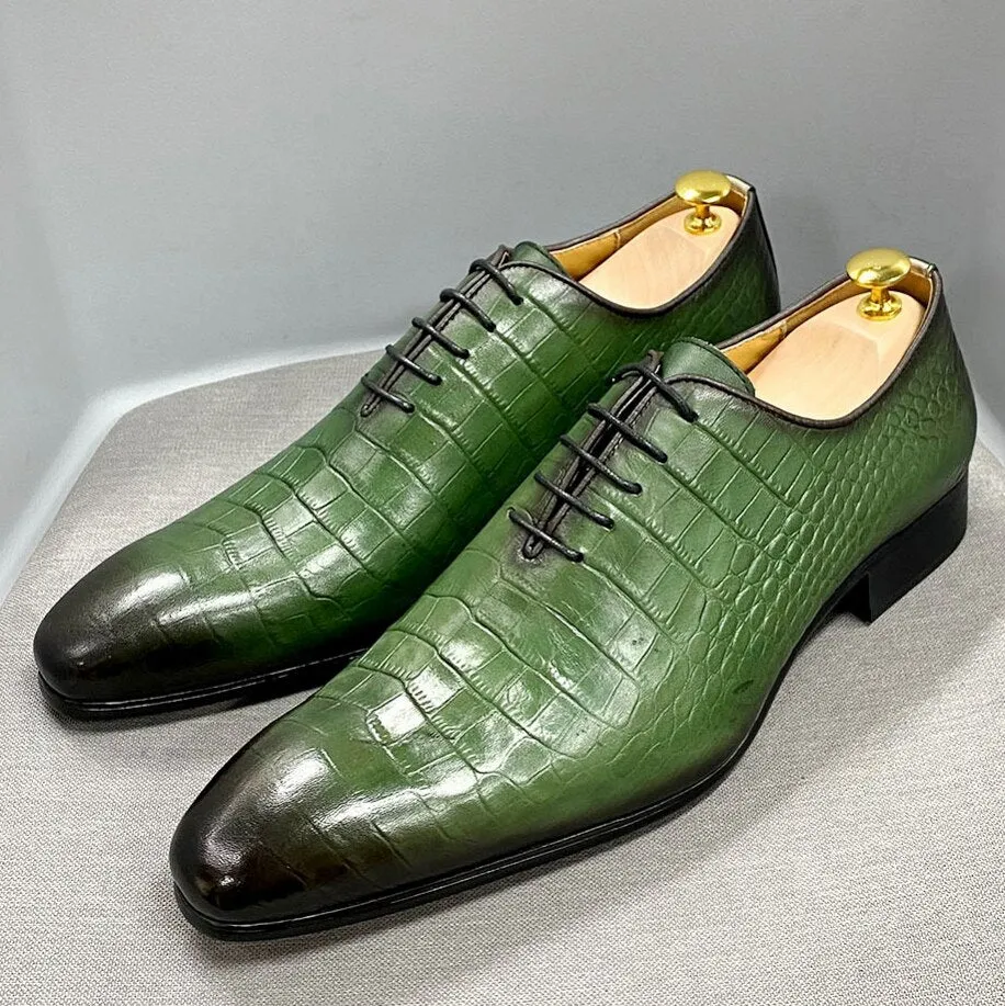 Handmade Men's Oxford Shoes Genuine Cow Leather Crocodile Pattern Classic Business Banquet Daily Shoes Lace-Up Formal Shoes E012