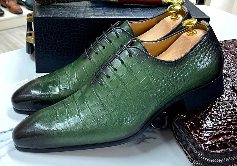 Handmade Men's Oxford Shoes Genuine Cow Leather Crocodile Pattern Classic Business Banquet Daily Shoes Lace-Up Formal Shoes E012