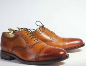 Handmade Men's Tan Cap Toe Brogue Leather Shoes, Men Lace Up Dress Formal Shoes