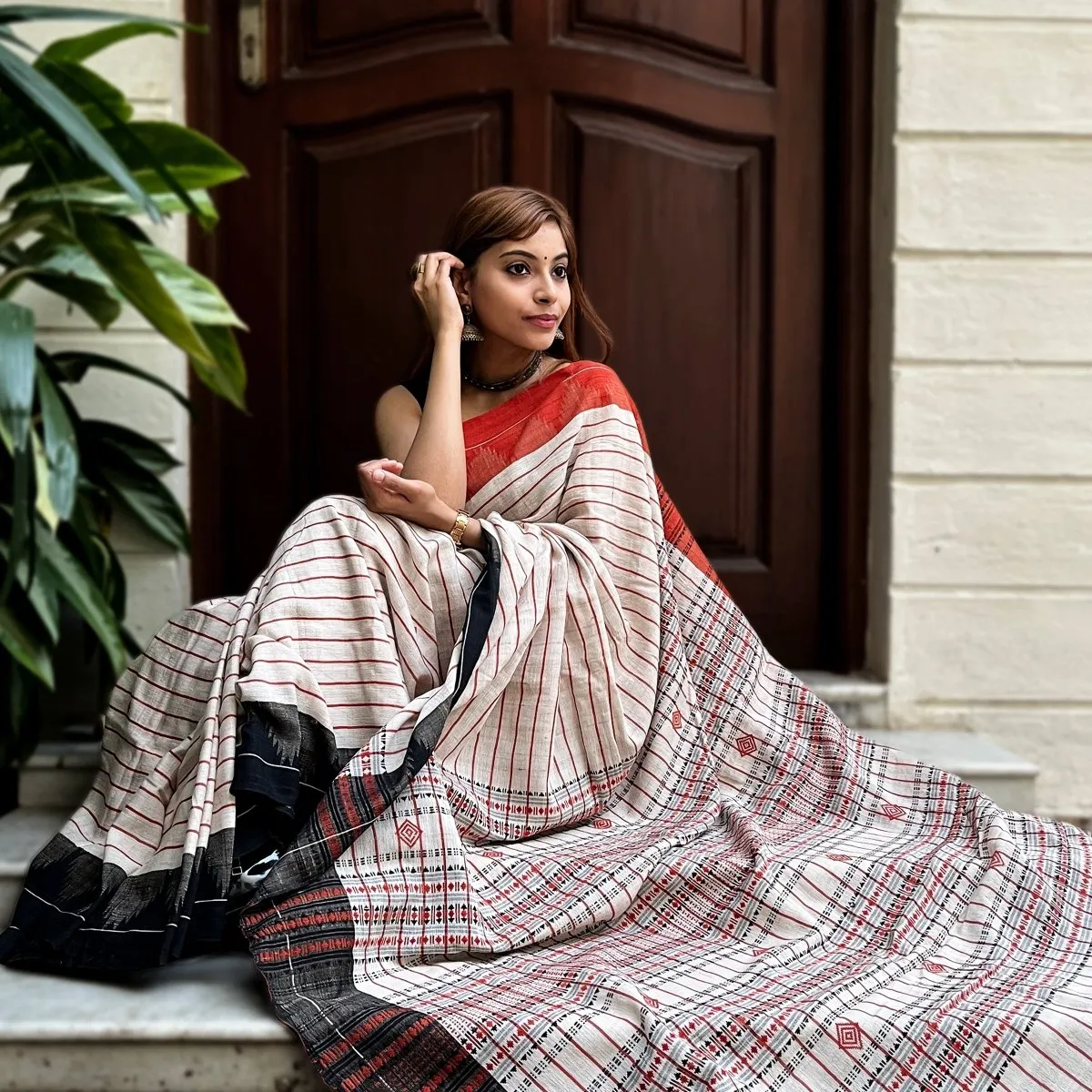 Handwoven Kotpad Cotton Saree in Off-white, Rust & Black