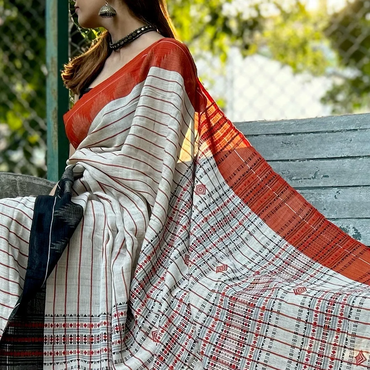 Handwoven Kotpad Cotton Saree in Off-white, Rust & Black