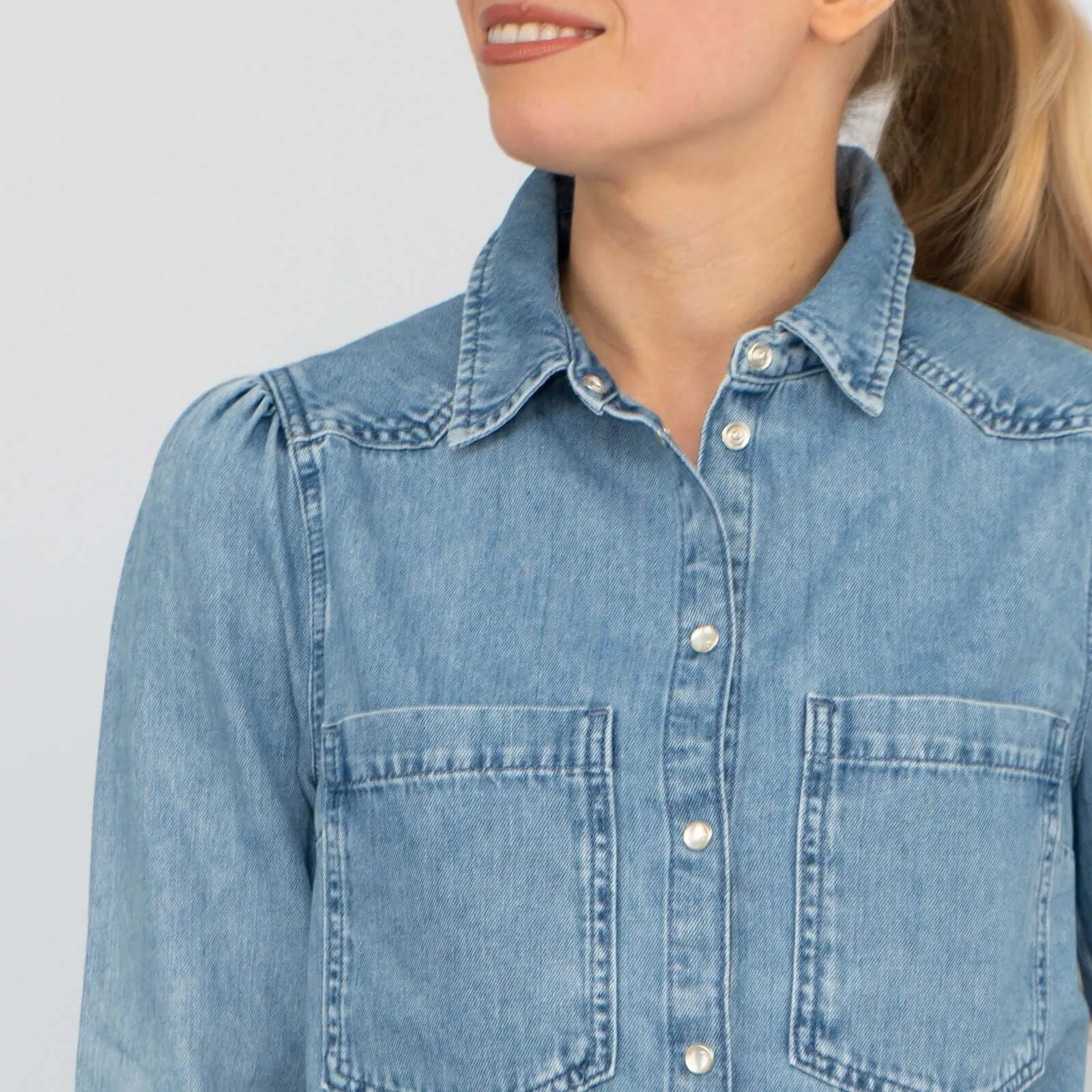 Hush Milos Long Sleeve Washed Blue Denim Shirts