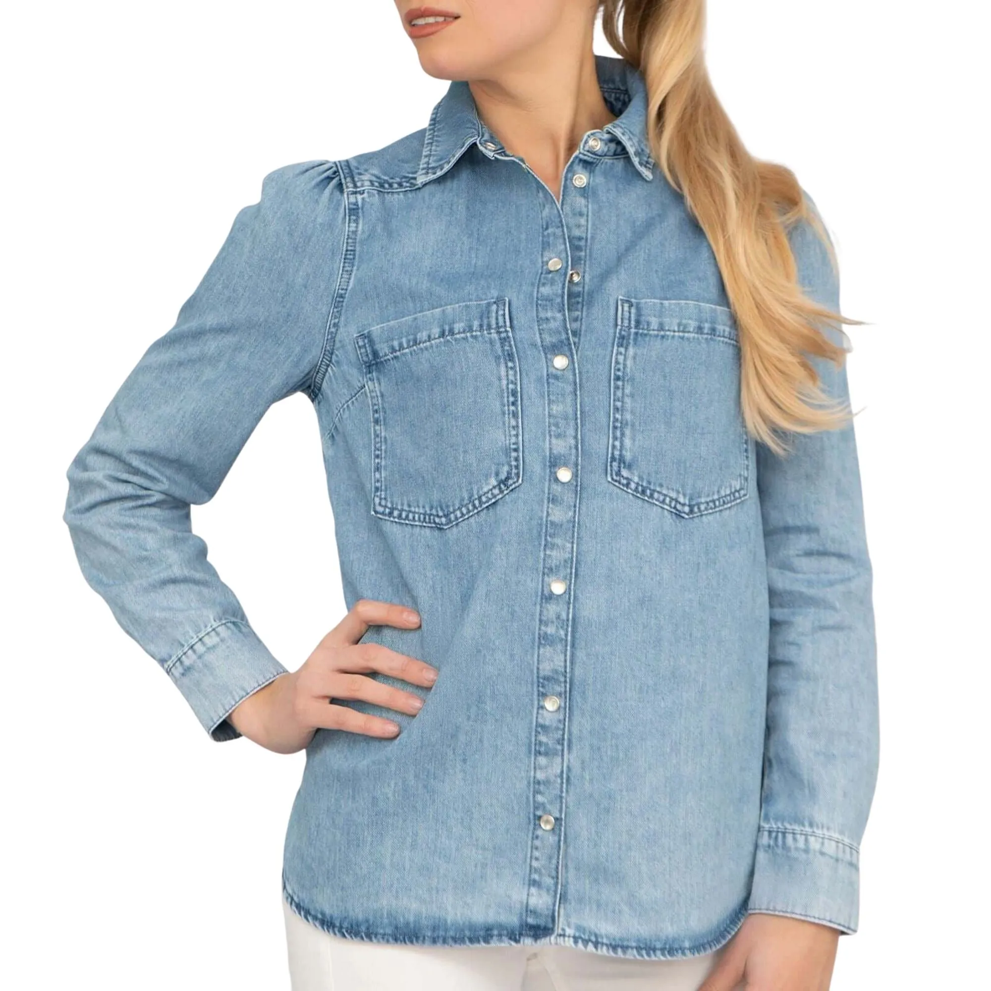 Hush Milos Long Sleeve Washed Blue Denim Shirts