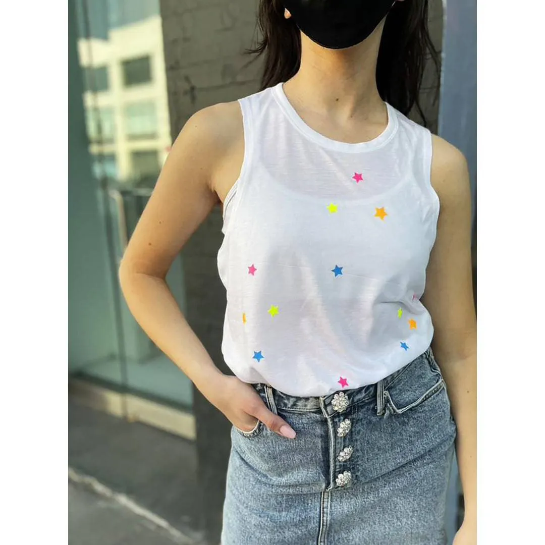 Jane Soft White Tank Top - Mini NEON Stars