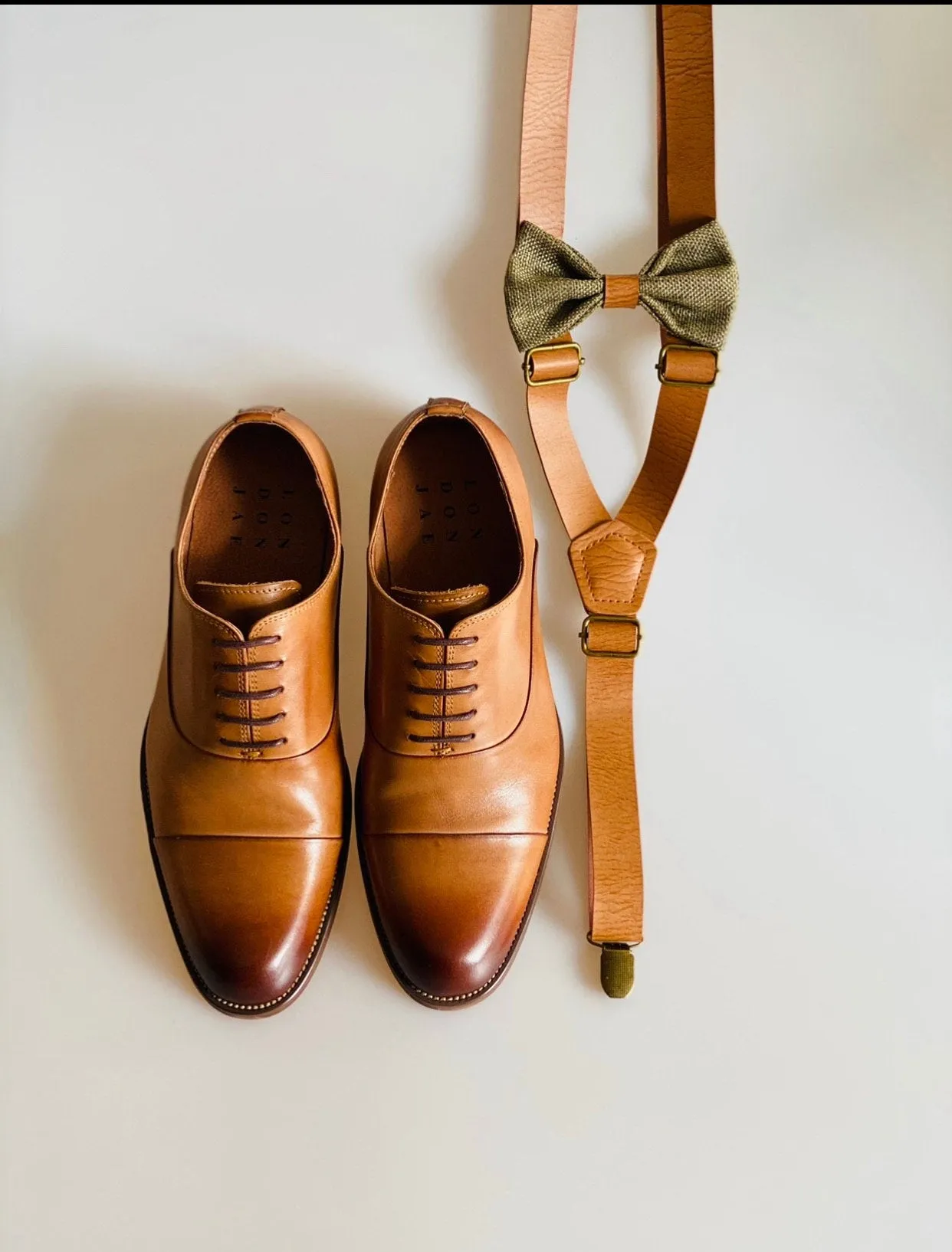 Olive Green Bow Tie with Vintage Tan Brown Faux Leather Suspenders