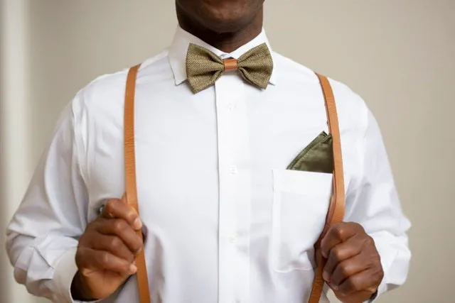 Olive Green Bow Tie with Vintage Tan Brown Faux Leather Suspenders