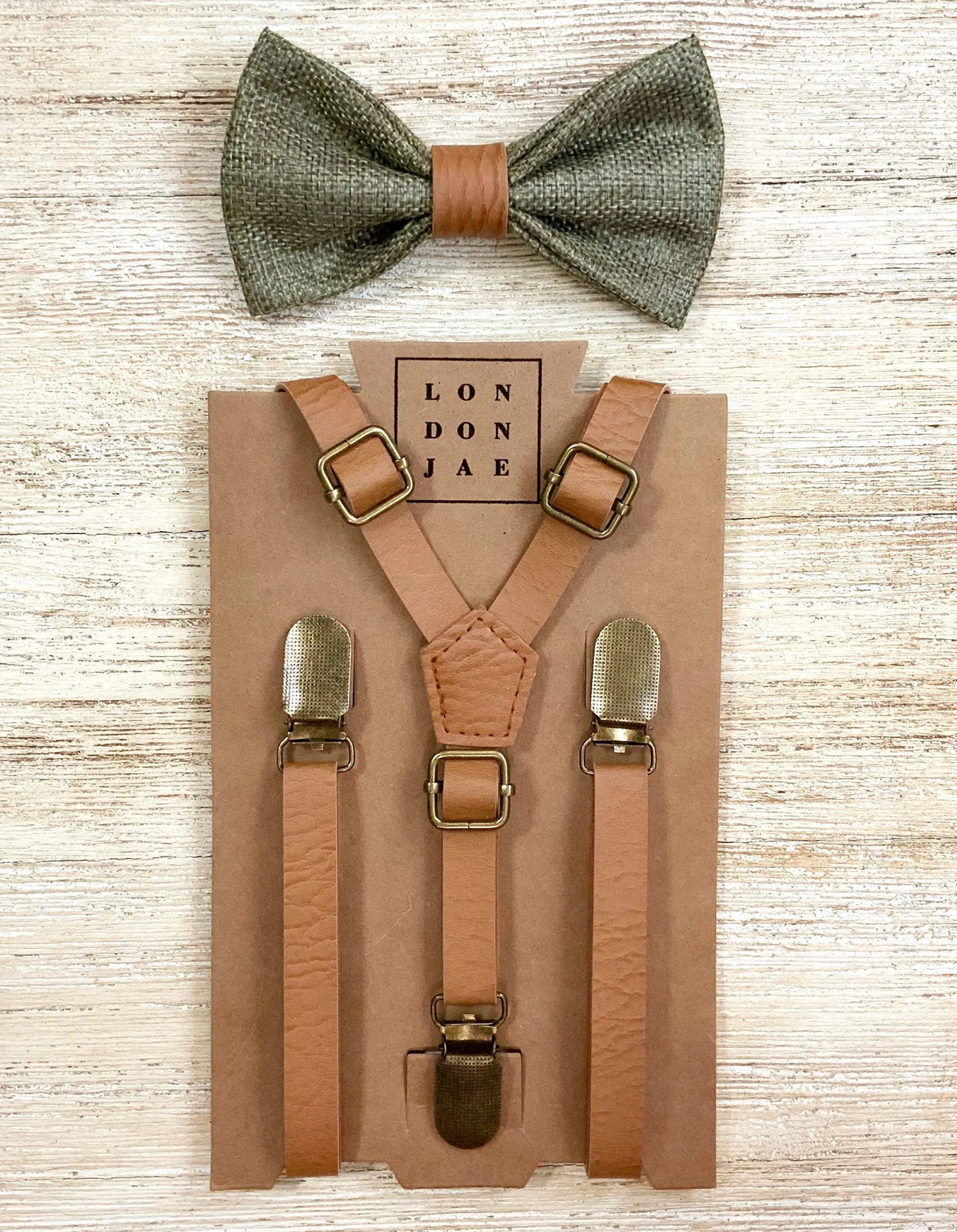 Olive Green Bow Tie with Vintage Tan Brown Faux Leather Suspenders