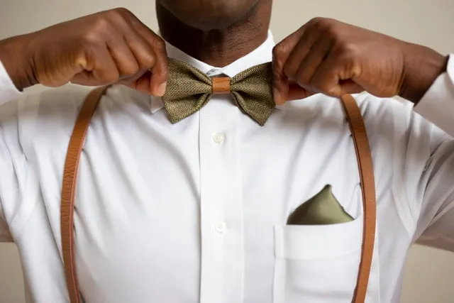 Olive Green Bow Tie with Vintage Tan Brown Faux Leather Suspenders