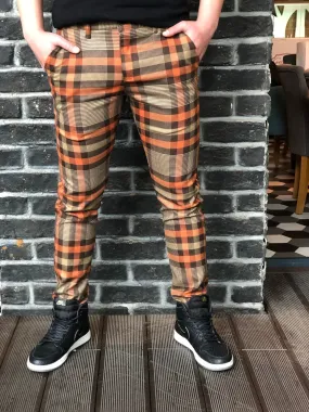 Orange Brown Mixed Colour Checkered Slim Fit Casual Pant DJ125 Streetwear Pant