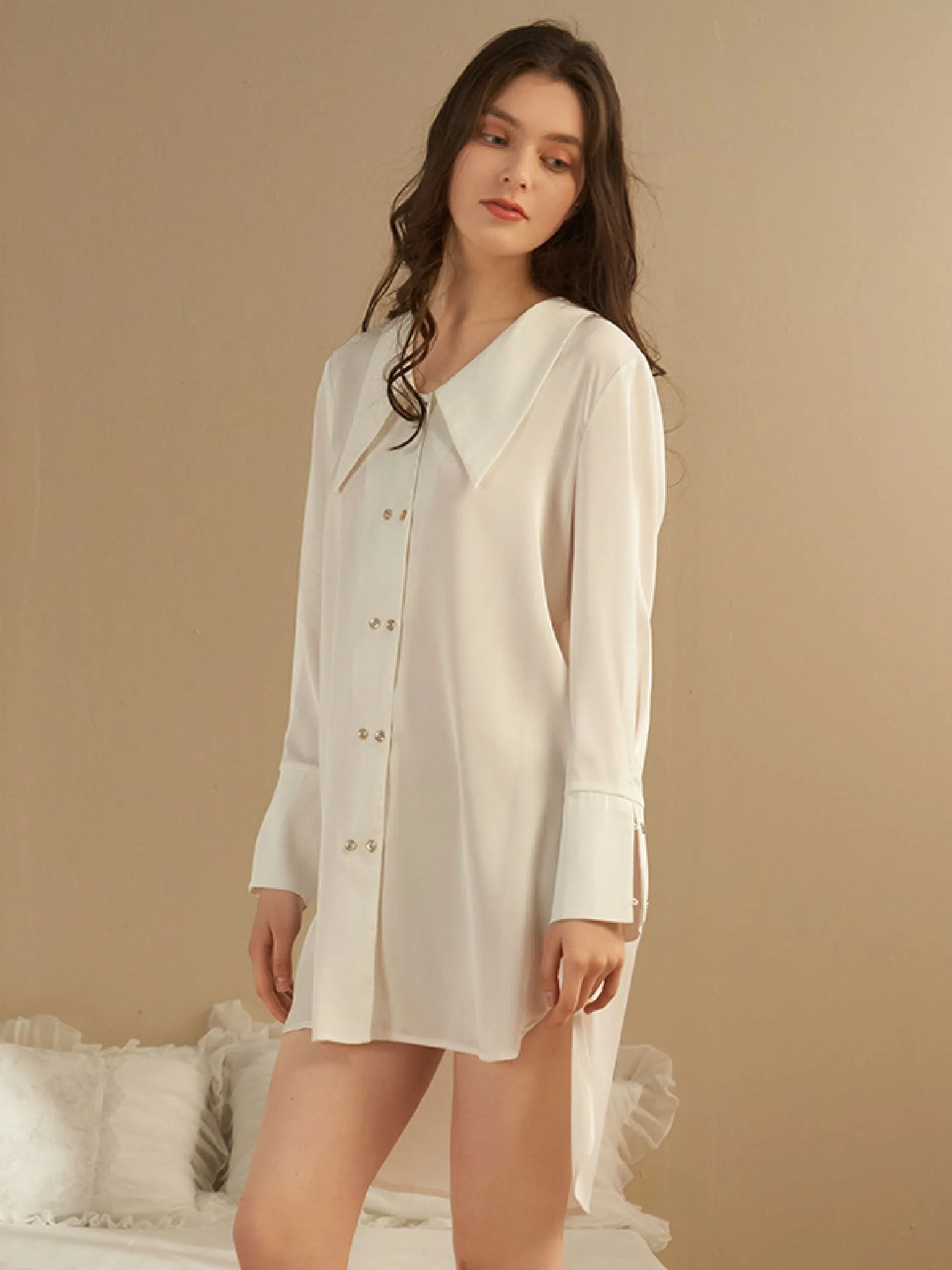 Sexy Ice Silk Women Long Pajama Shirt