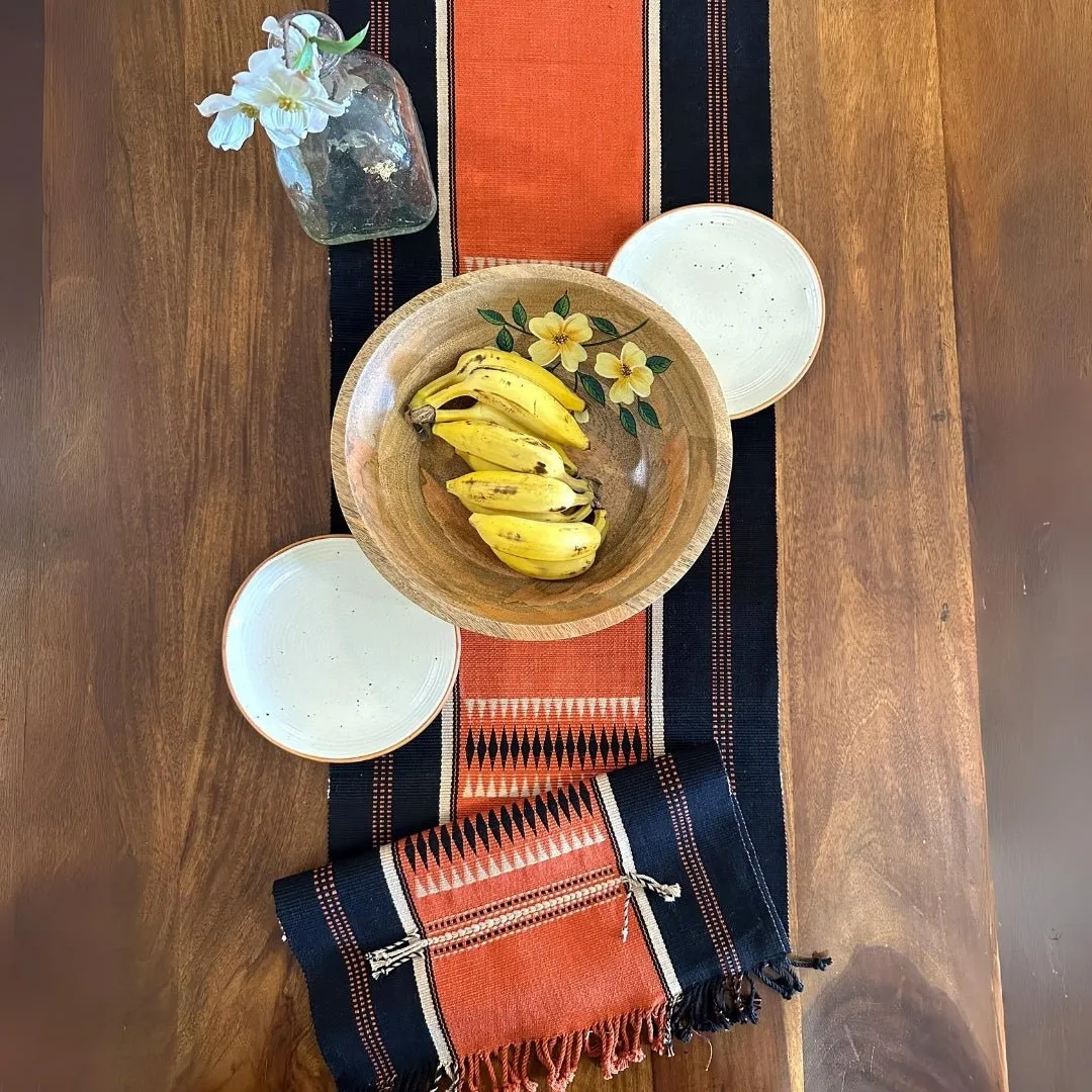 Table Runner In Rust & Black With Tangerine Striped | Eco Friendly Sustainable Embroidered Tableware | Handmade In India