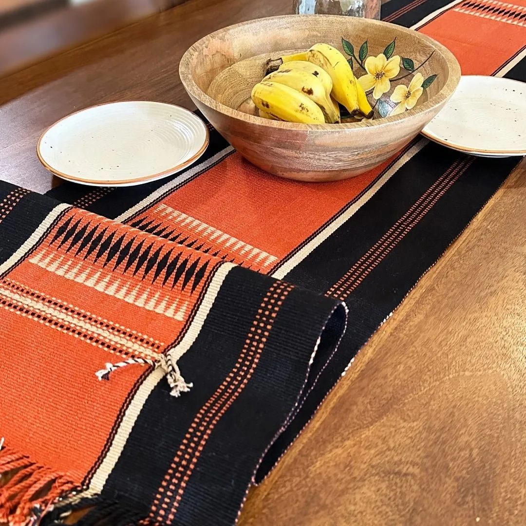 Table Runner In Rust & Black With Tangerine Striped | Eco Friendly Sustainable Embroidered Tableware | Handmade In India