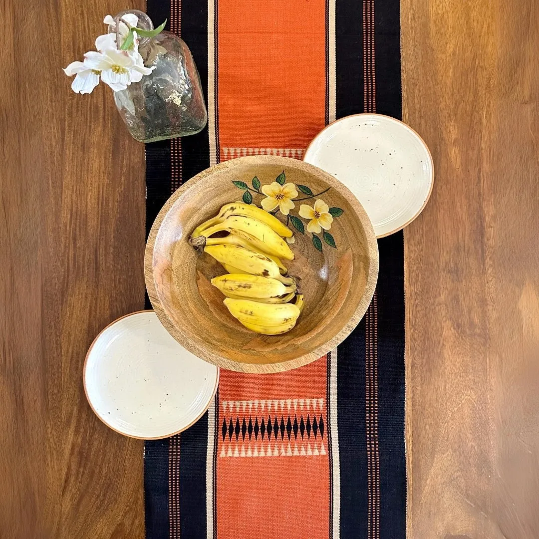 Table Runner In Rust & Black With Tangerine Striped | Eco Friendly Sustainable Embroidered Tableware | Handmade In India