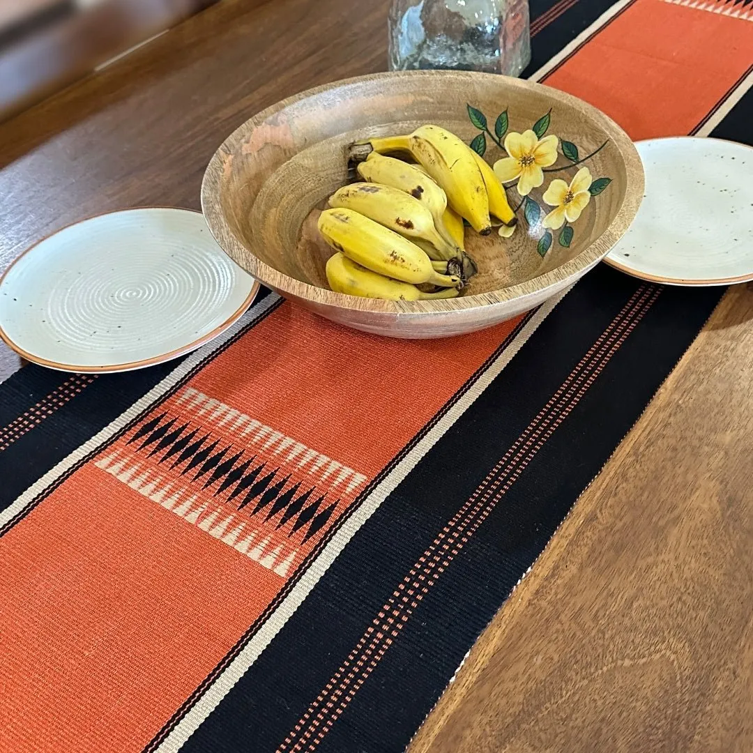 Table Runner In Rust & Black With Tangerine Striped | Eco Friendly Sustainable Embroidered Tableware | Handmade In India