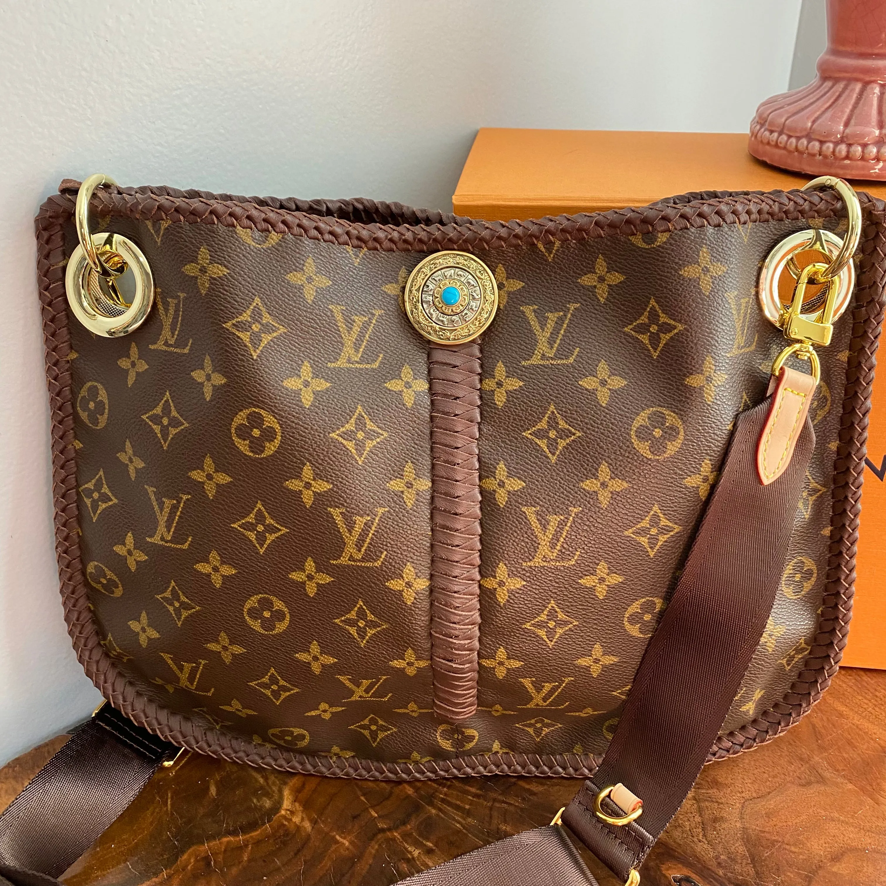 The Peacock - Vintage Monogram Hobo Crossbody in Brown - Gold Hardware