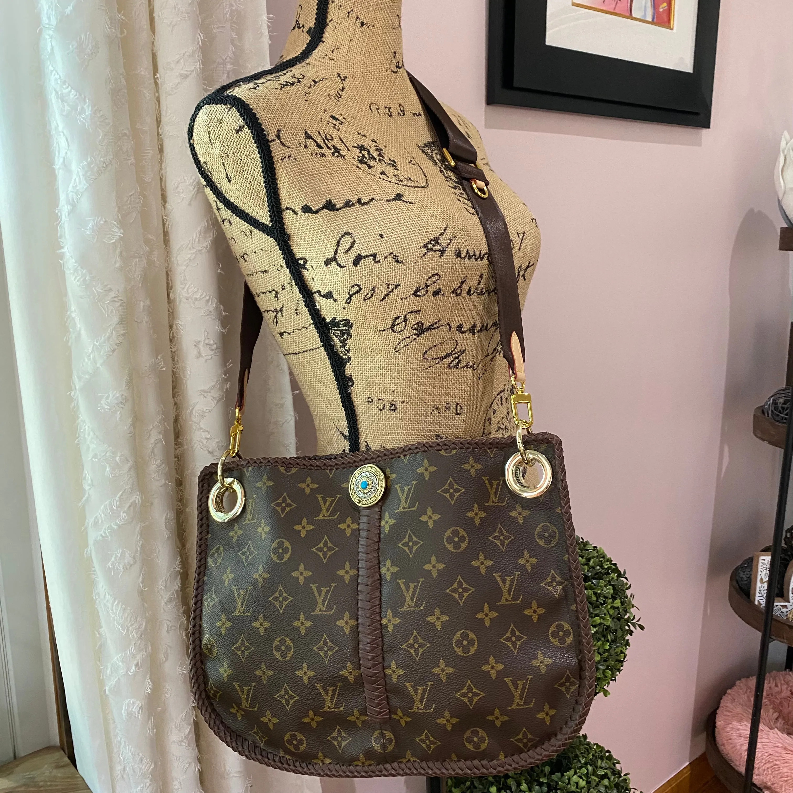 The Peacock - Vintage Monogram Hobo Crossbody in Brown - Gold Hardware