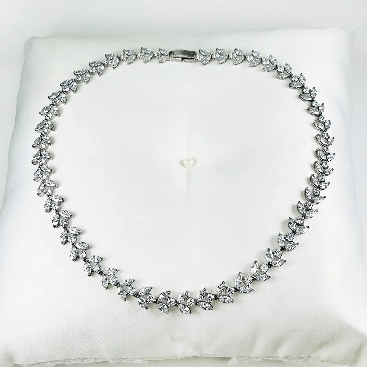 Tiny Crystal Cubic Zirconia Leaf Necklace Silver Plated in a FREE GIFT BOX