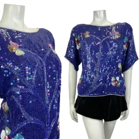 VINTAGE 60s 70s BLUE WHITE PINK GOLD SEQUIN BEADED FLORAL TREE DISCO TOP 14 16