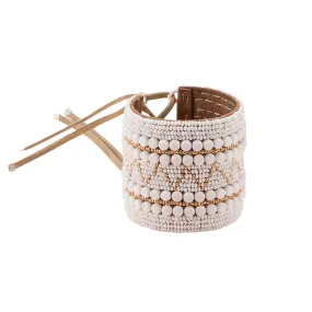 Wide Decorative Leather Bracelet - WHITE & GOLD